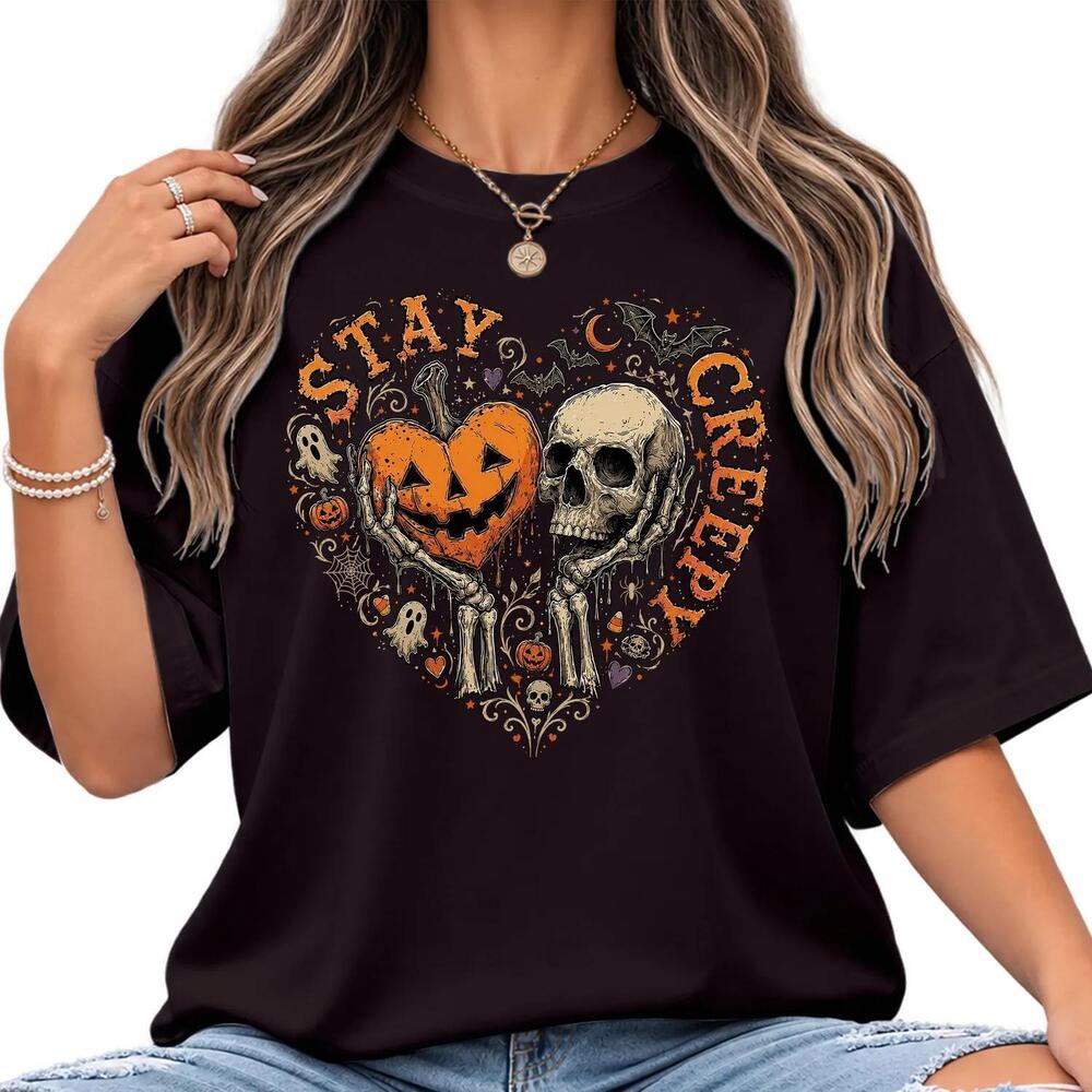 Stay Creepy ed Graphic Skeleton Skull Pumpkin Heart Gothic Halloween